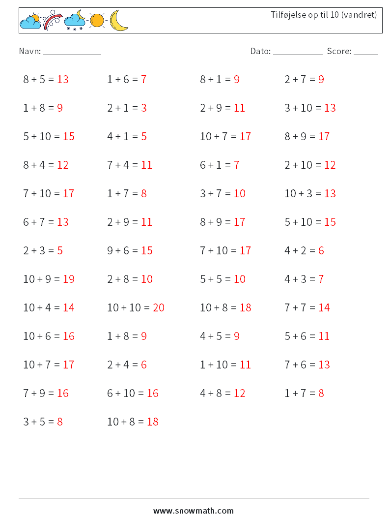 (50) Tilføjelse op til 10 (vandret) Matematiske regneark 9 Spørgsmål, svar