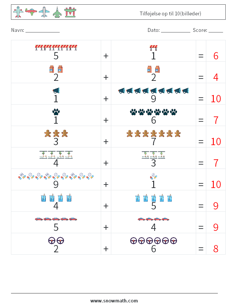 Tilføjelse op til 10(billeder) Matematiske regneark 10 Spørgsmål, svar