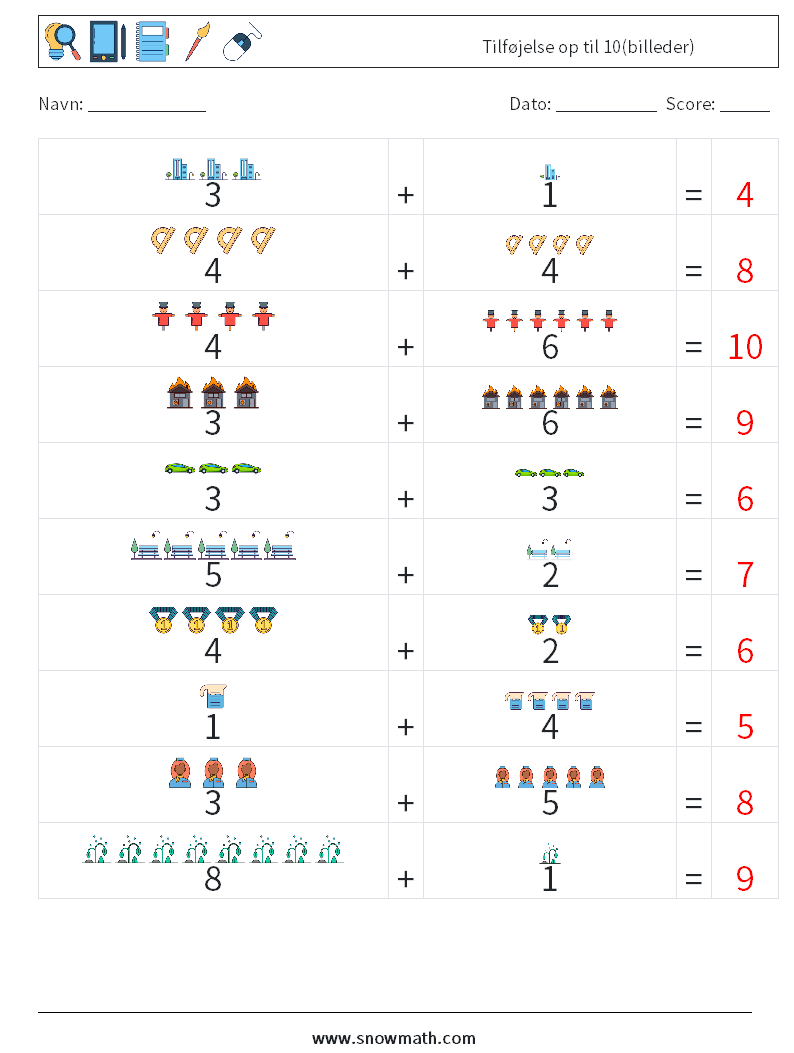 Tilføjelse op til 10(billeder) Matematiske regneark 11 Spørgsmål, svar