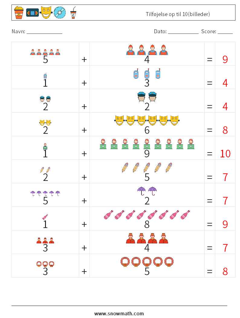 Tilføjelse op til 10(billeder) Matematiske regneark 13 Spørgsmål, svar