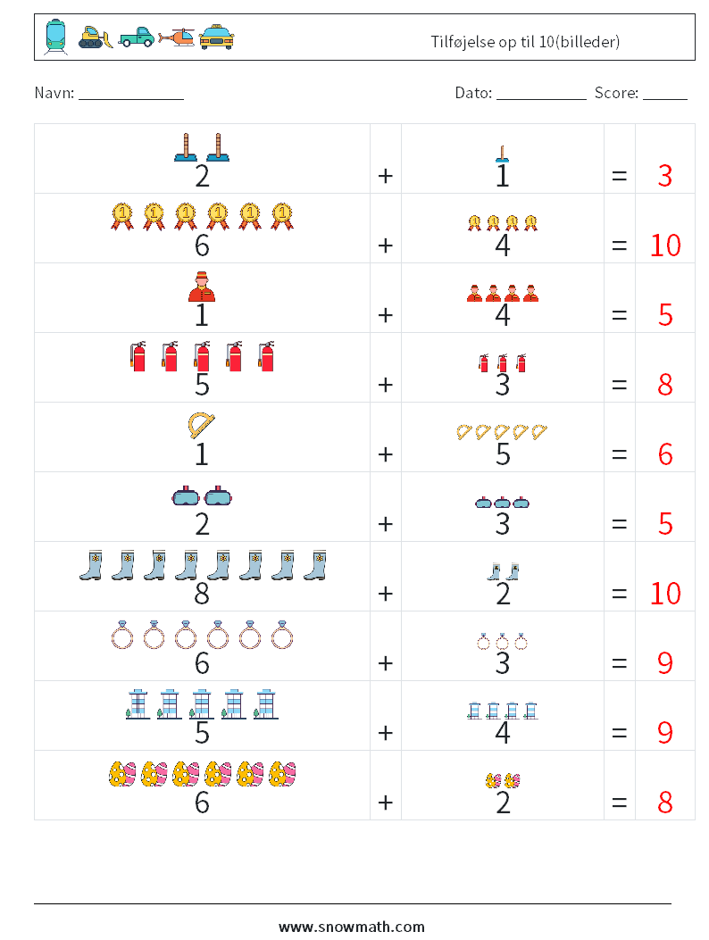 Tilføjelse op til 10(billeder) Matematiske regneark 14 Spørgsmål, svar