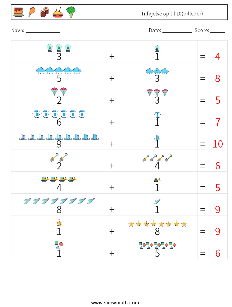 Tilføjelse op til 10(billeder) Matematiske regneark 16 Spørgsmål, svar