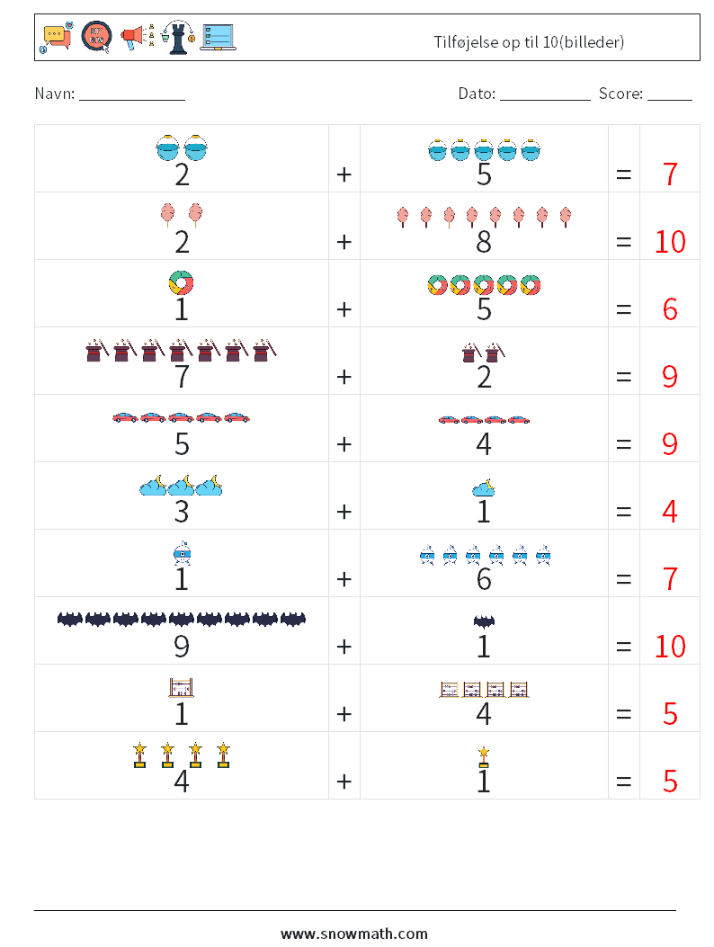 Tilføjelse op til 10(billeder) Matematiske regneark 18 Spørgsmål, svar