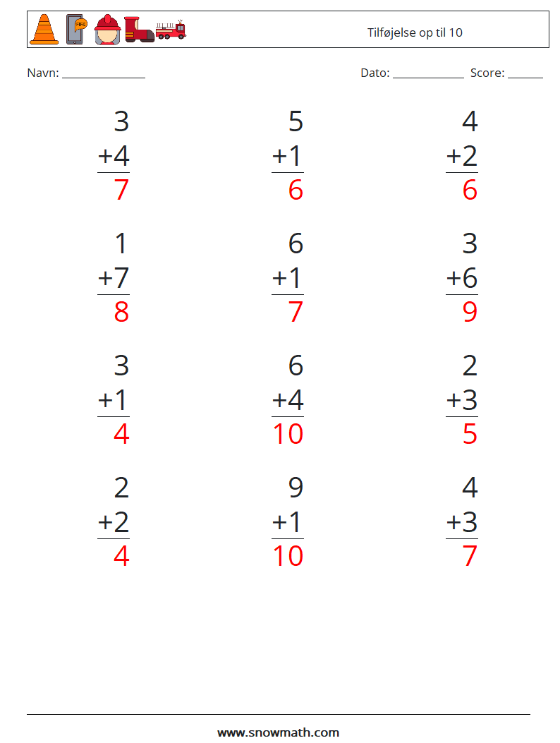 (12) Tilføjelse op til 10 Matematiske regneark 1 Spørgsmål, svar