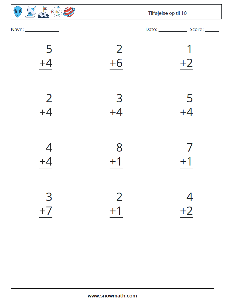 (12) Tilføjelse op til 10 Matematiske regneark 3