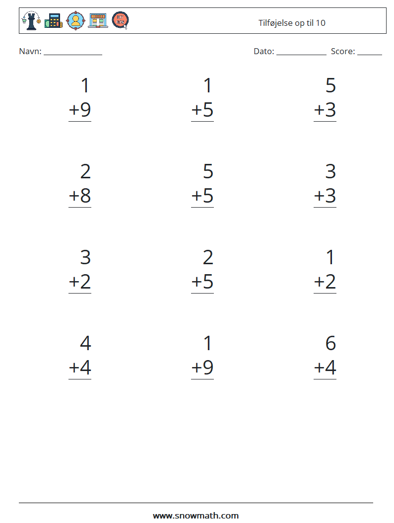 (12) Tilføjelse op til 10 Matematiske regneark 7