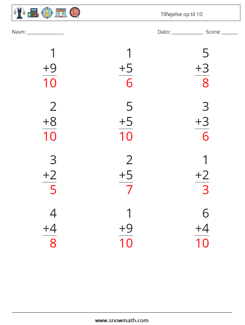 (12) Tilføjelse op til 10 Matematiske regneark 7 Spørgsmål, svar