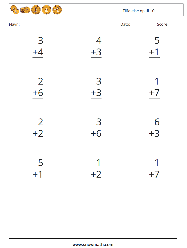 (12) Tilføjelse op til 10 Matematiske regneark 8