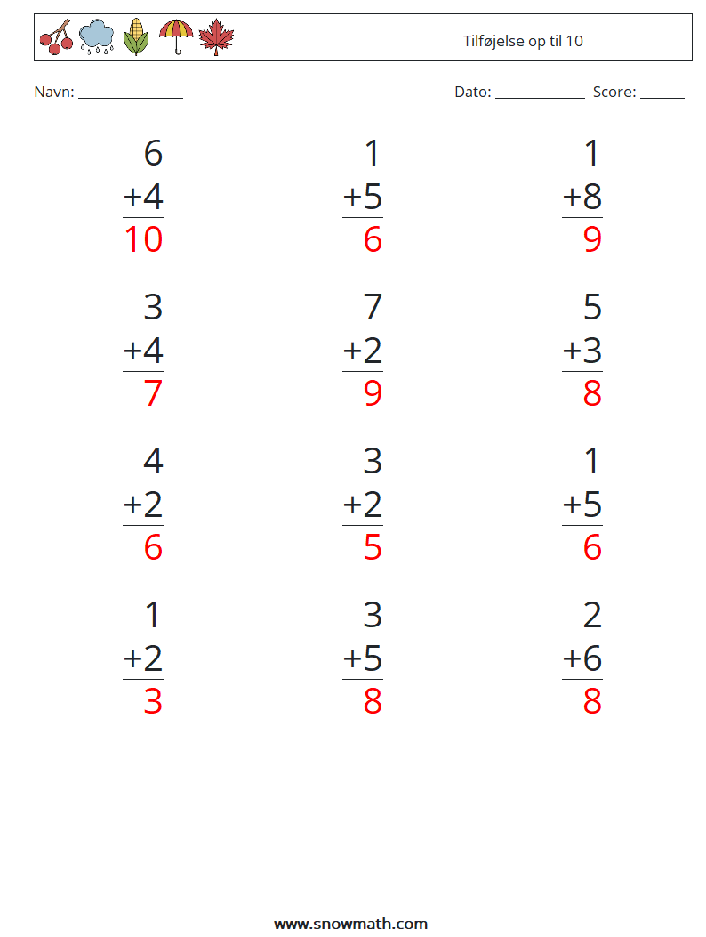 (12) Tilføjelse op til 10 Matematiske regneark 9 Spørgsmål, svar