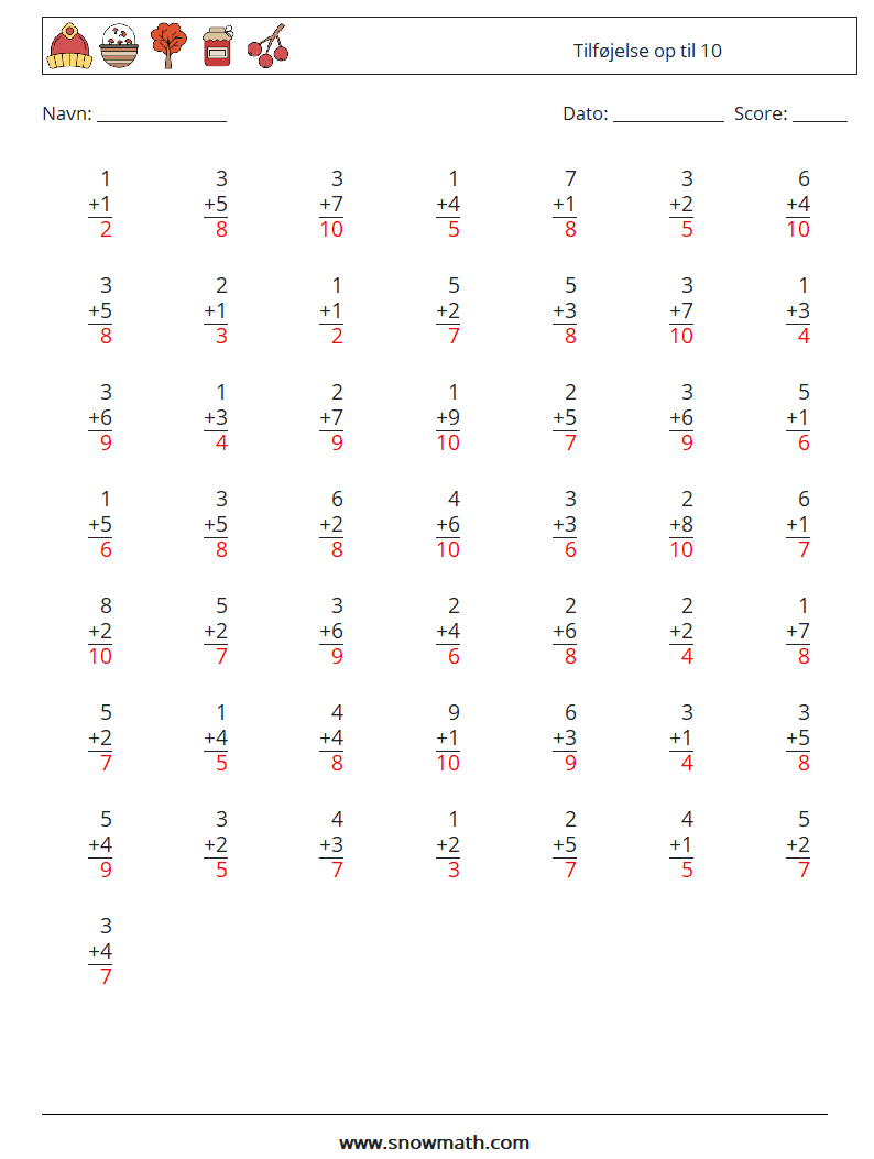 (50) Tilføjelse op til 10 Matematiske regneark 2 Spørgsmål, svar