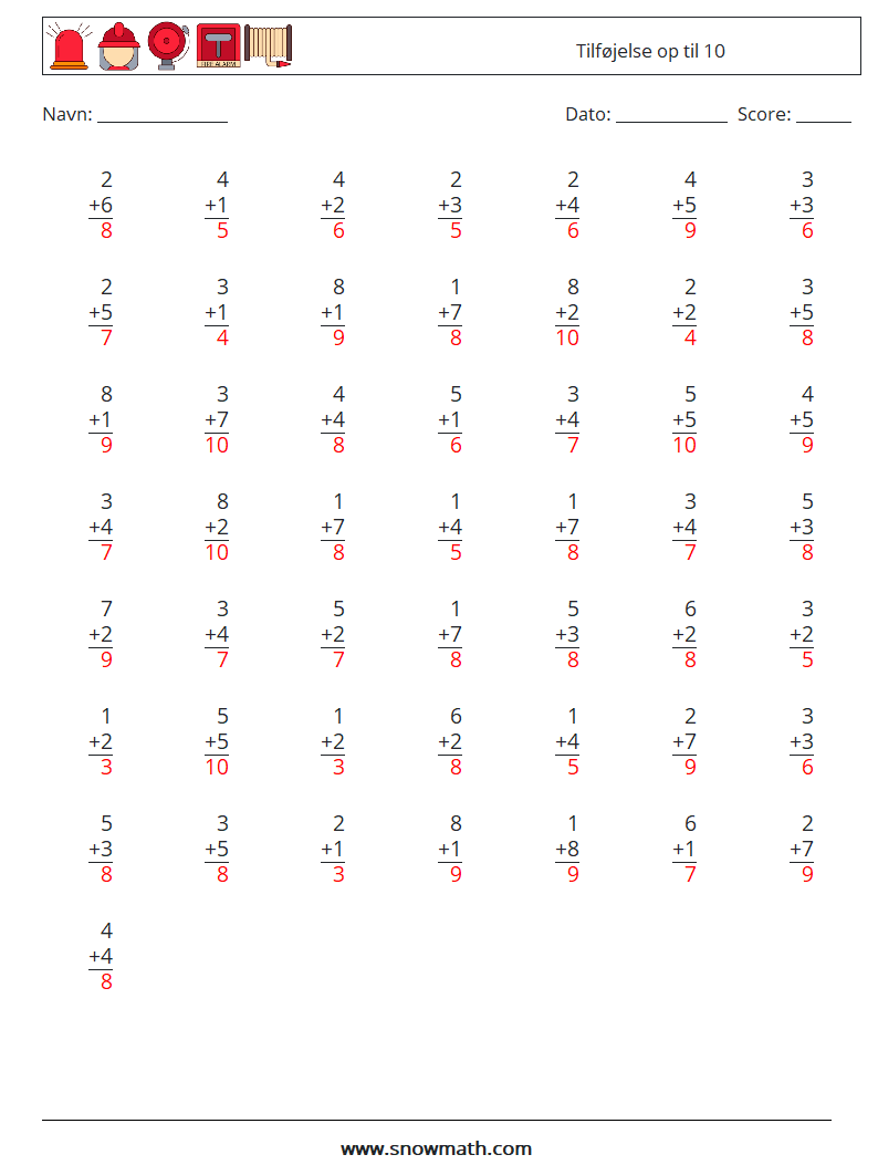 (50) Tilføjelse op til 10 Matematiske regneark 3 Spørgsmål, svar