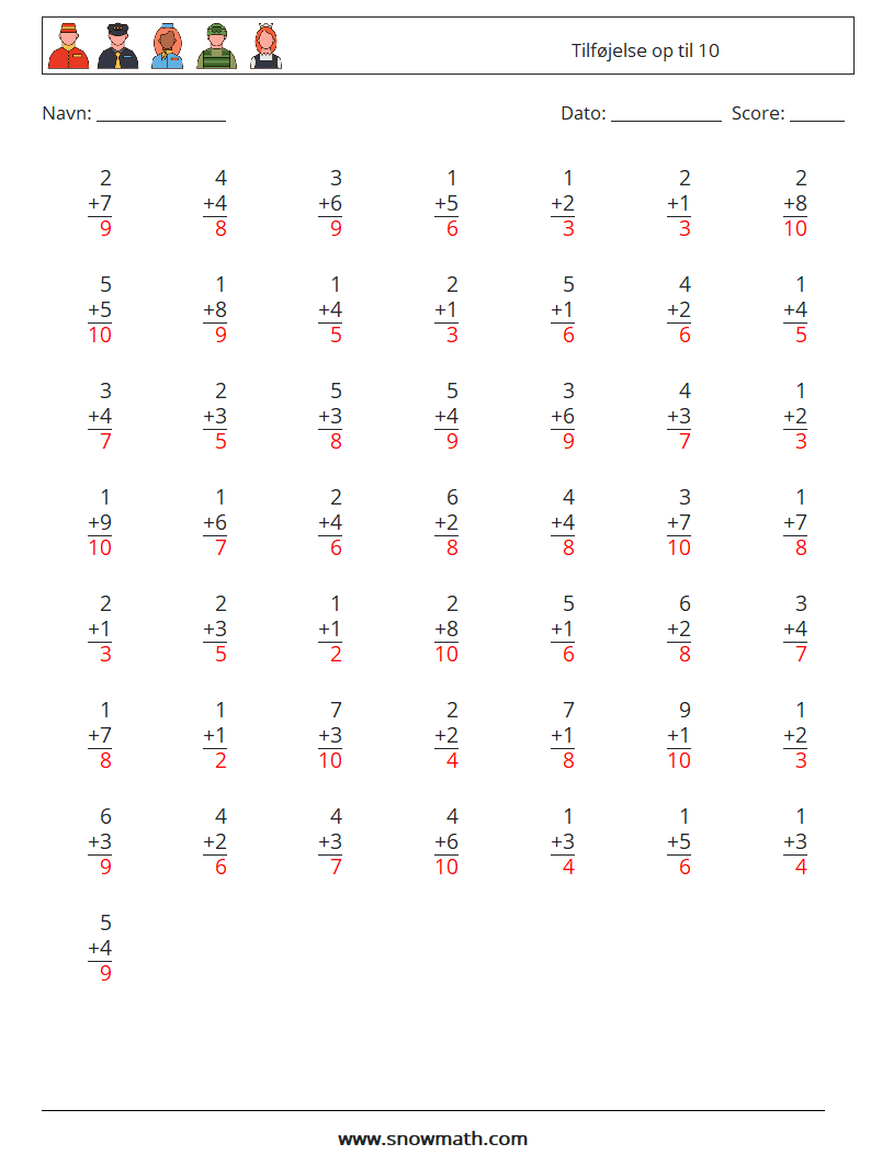 (50) Tilføjelse op til 10 Matematiske regneark 4 Spørgsmål, svar