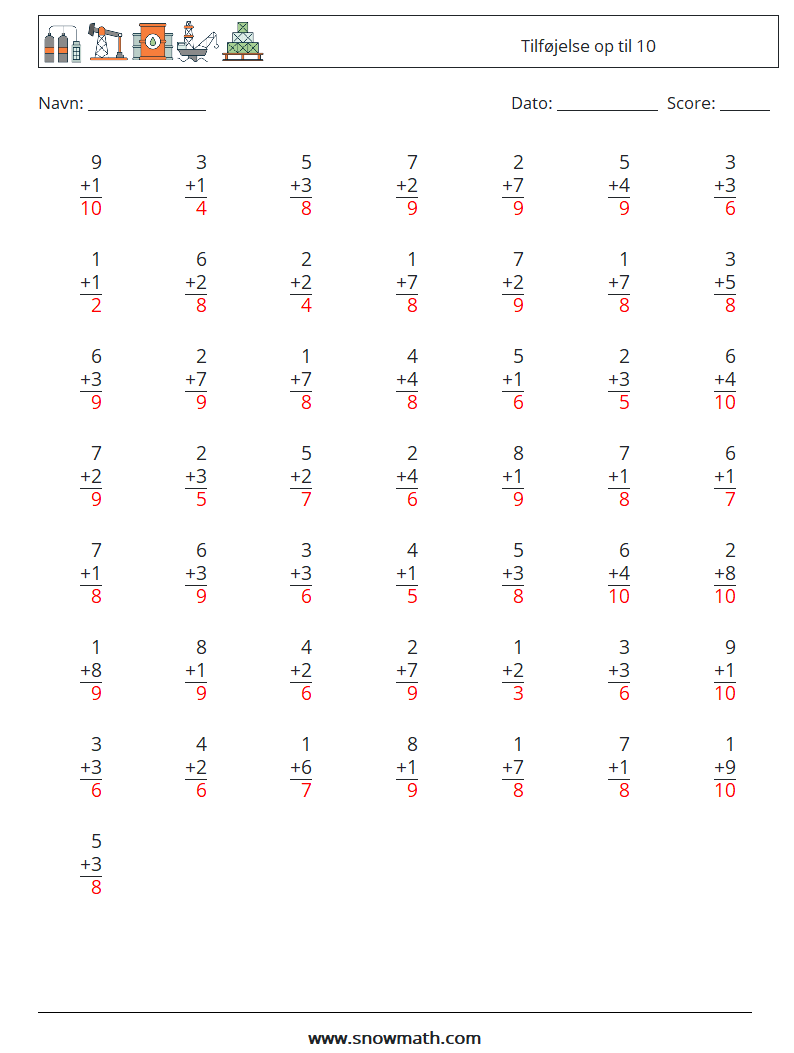 (50) Tilføjelse op til 10 Matematiske regneark 8 Spørgsmål, svar