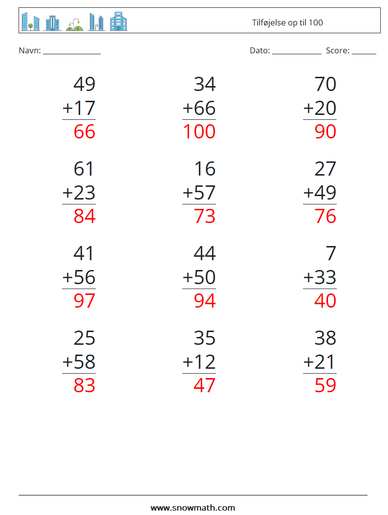 (12) Tilføjelse op til 100 Matematiske regneark 18 Spørgsmål, svar