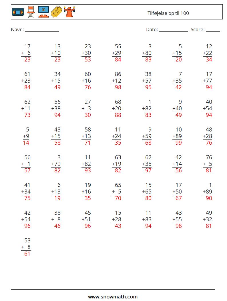 (50) Tilføjelse op til 100 Matematiske regneark 13 Spørgsmål, svar