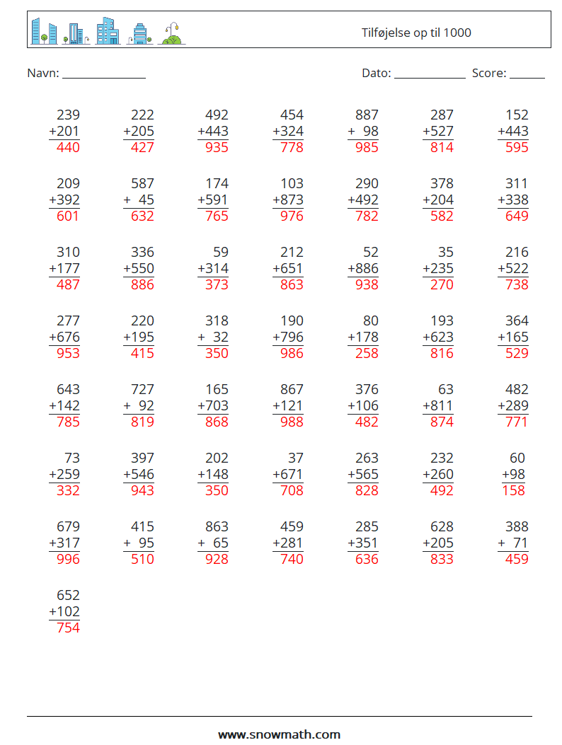 (50) Tilføjelse op til 1000 Matematiske regneark 16 Spørgsmål, svar