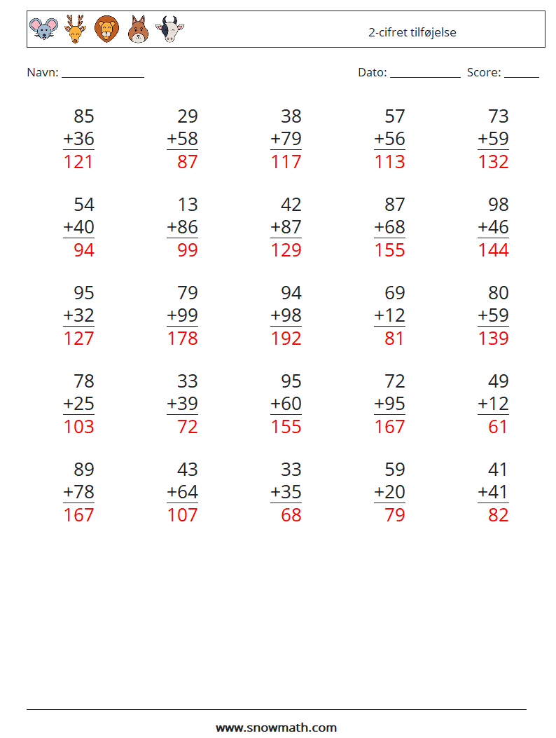 (25) 2-cifret tilføjelse Matematiske regneark 15 Spørgsmål, svar