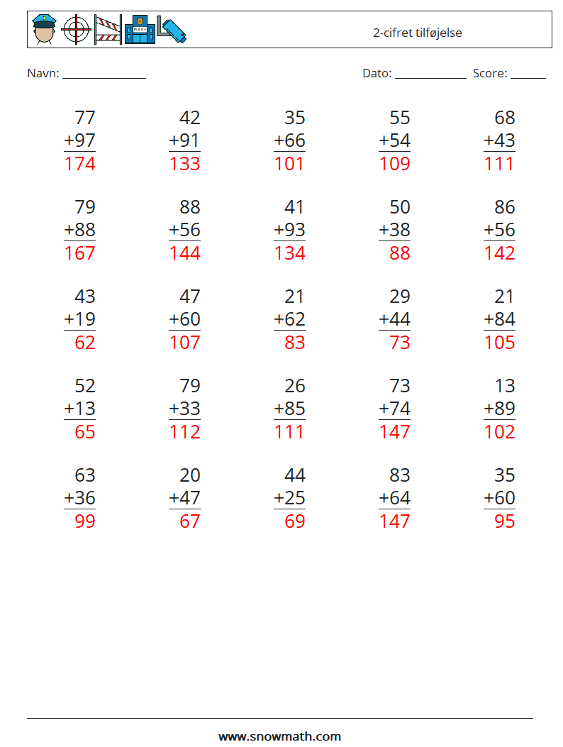 (25) 2-cifret tilføjelse Matematiske regneark 16 Spørgsmål, svar