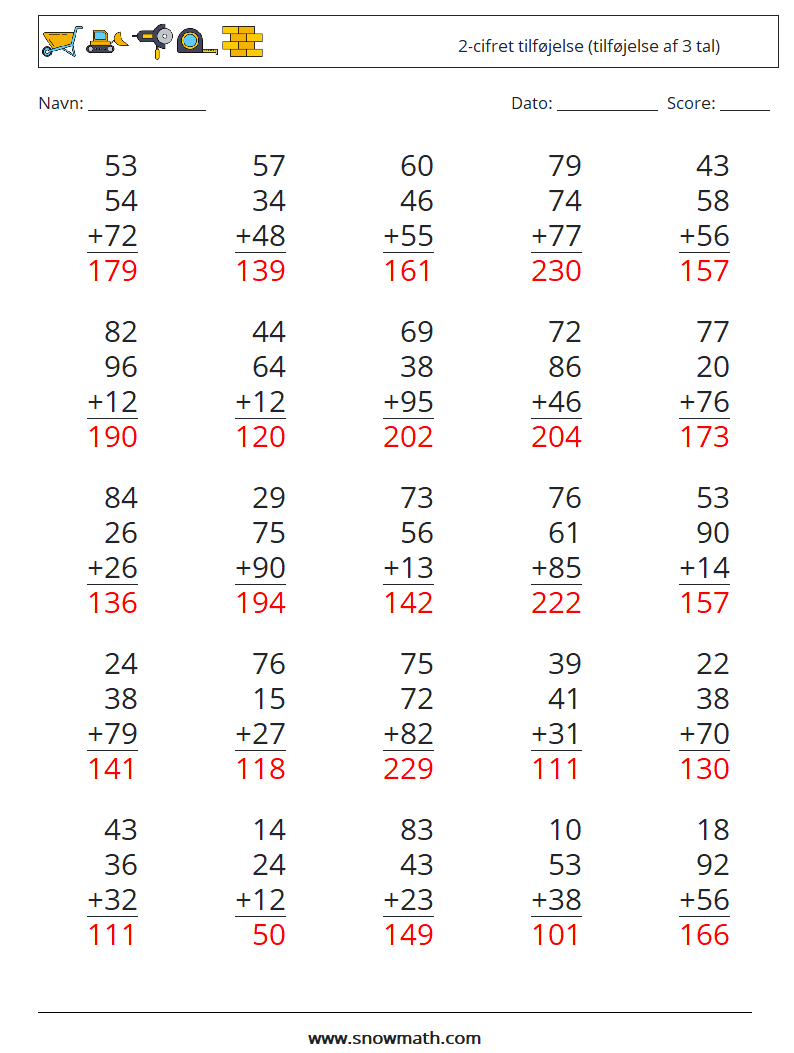 (25) 2-cifret tilføjelse (tilføjelse af 3 tal) Matematiske regneark 10 Spørgsmål, svar