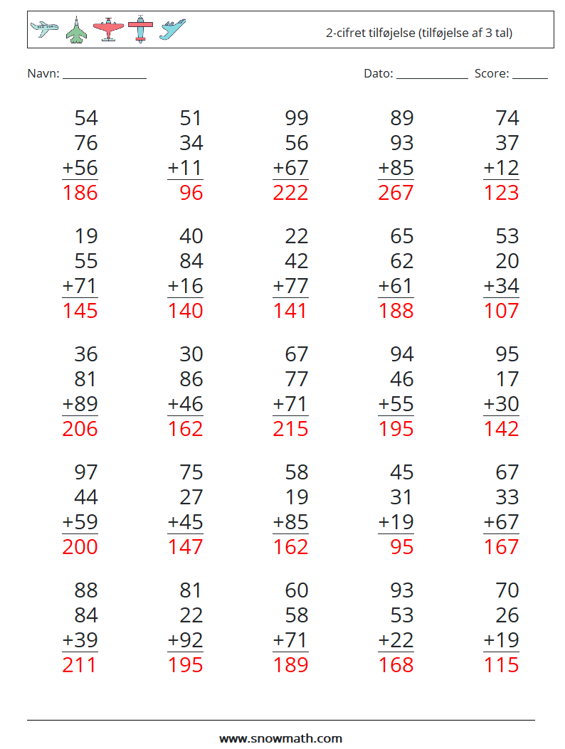 (25) 2-cifret tilføjelse (tilføjelse af 3 tal) Matematiske regneark 14 Spørgsmål, svar