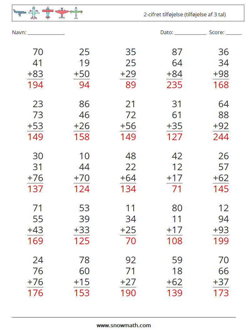 (25) 2-cifret tilføjelse (tilføjelse af 3 tal) Matematiske regneark 15 Spørgsmål, svar