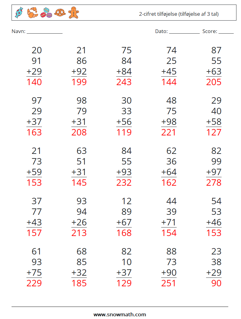 (25) 2-cifret tilføjelse (tilføjelse af 3 tal) Matematiske regneark 16 Spørgsmål, svar