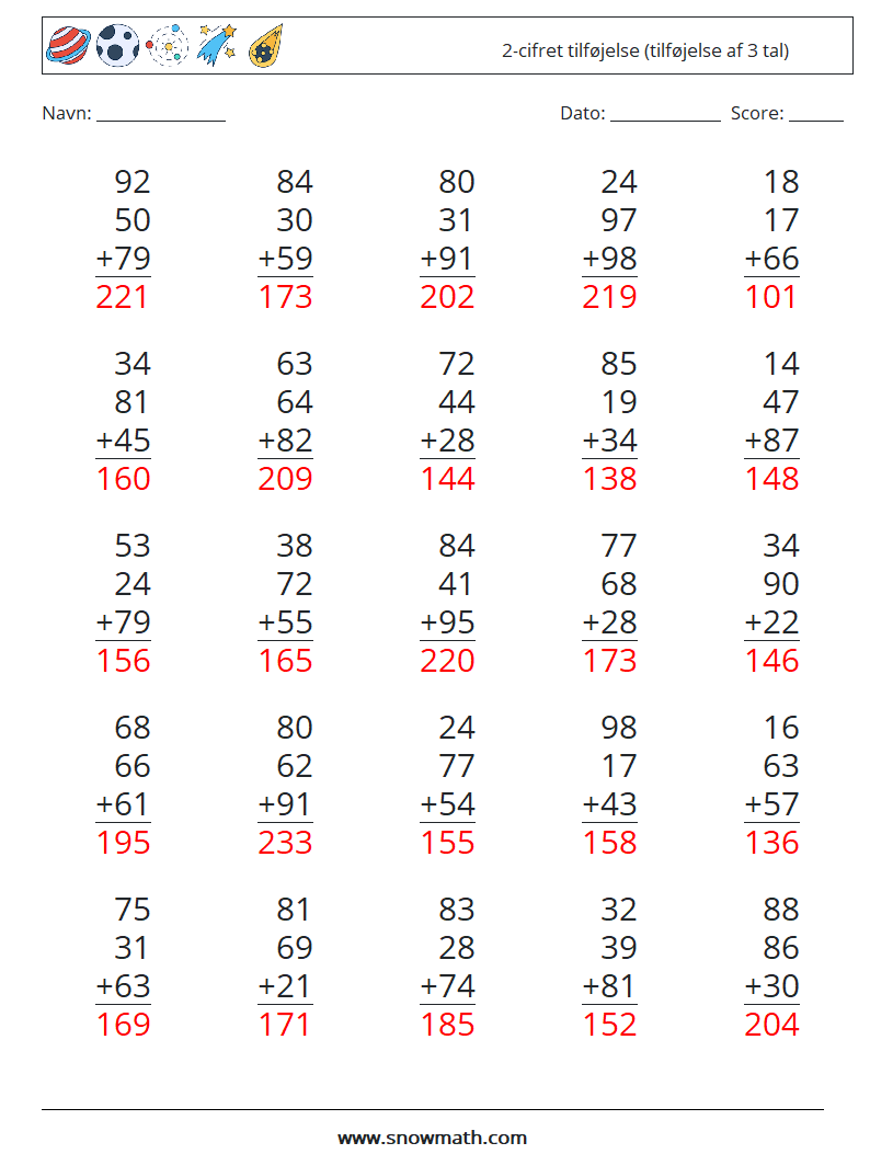 (25) 2-cifret tilføjelse (tilføjelse af 3 tal) Matematiske regneark 17 Spørgsmål, svar