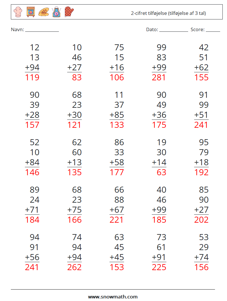 (25) 2-cifret tilføjelse (tilføjelse af 3 tal) Matematiske regneark 18 Spørgsmål, svar