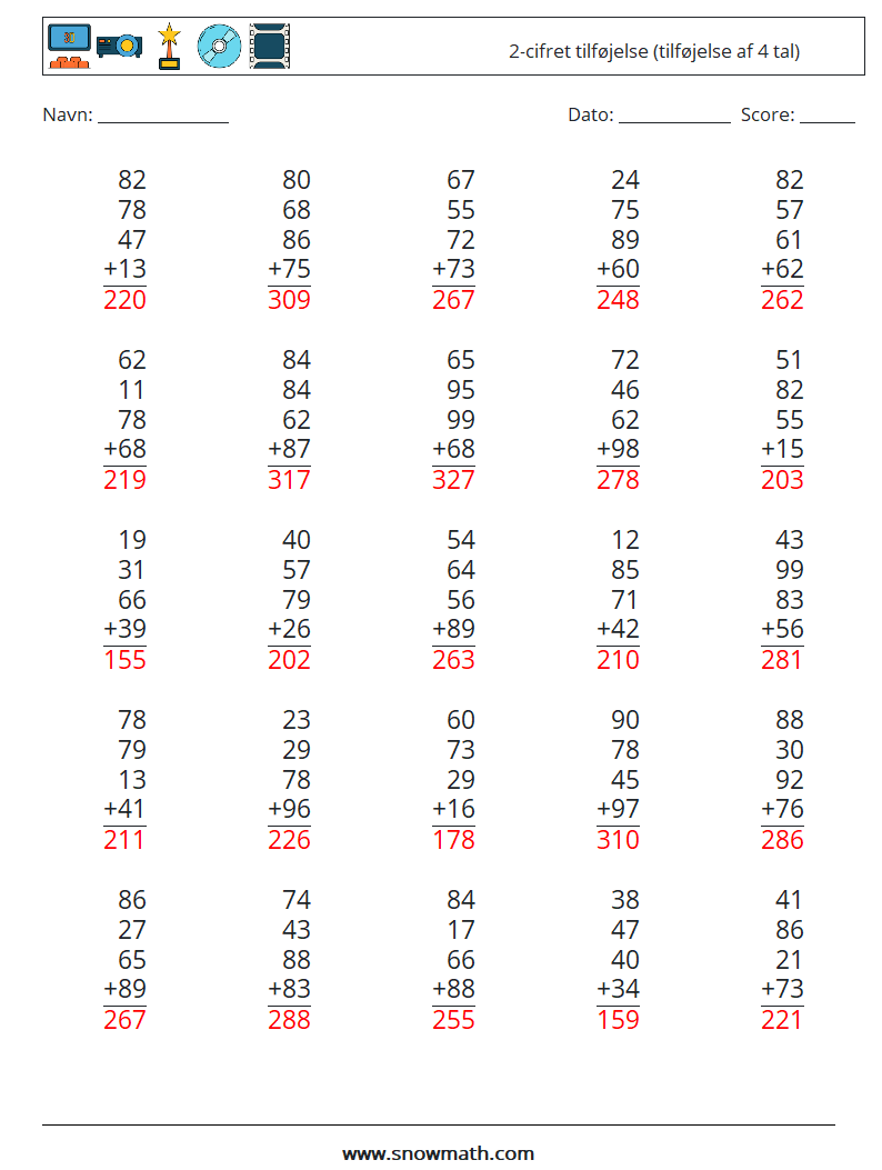 (25) 2-cifret tilføjelse (tilføjelse af 4 tal) Matematiske regneark 10 Spørgsmål, svar