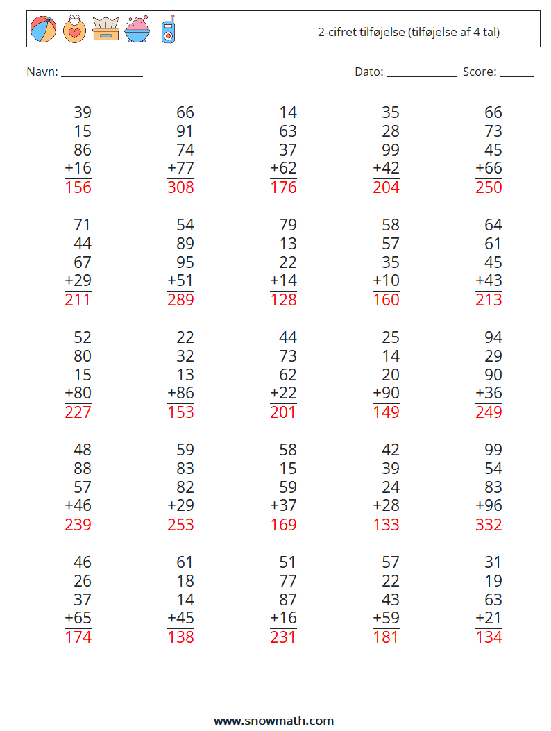 (25) 2-cifret tilføjelse (tilføjelse af 4 tal) Matematiske regneark 11 Spørgsmål, svar