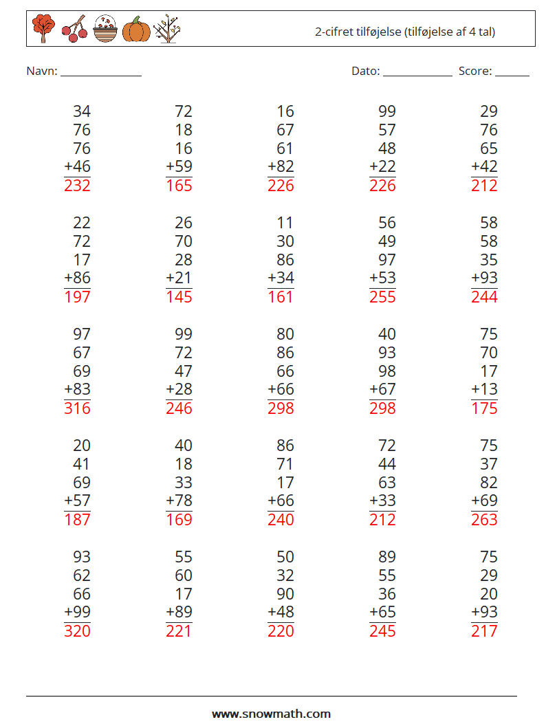 (25) 2-cifret tilføjelse (tilføjelse af 4 tal) Matematiske regneark 13 Spørgsmål, svar