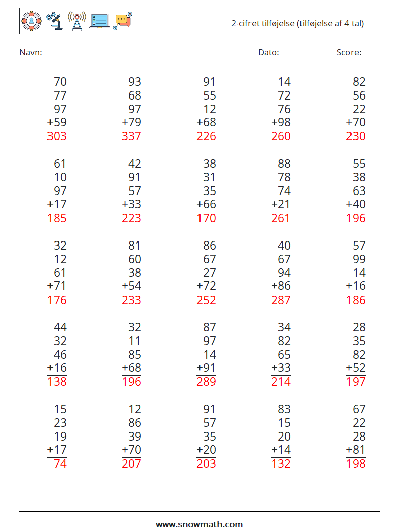 (25) 2-cifret tilføjelse (tilføjelse af 4 tal) Matematiske regneark 14 Spørgsmål, svar