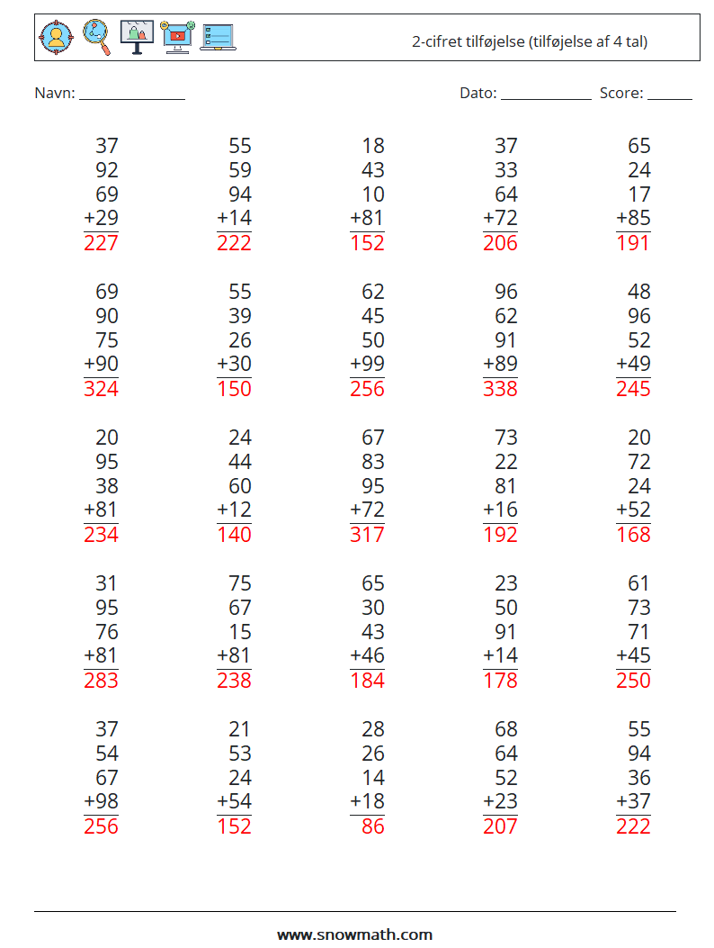 (25) 2-cifret tilføjelse (tilføjelse af 4 tal) Matematiske regneark 16 Spørgsmål, svar