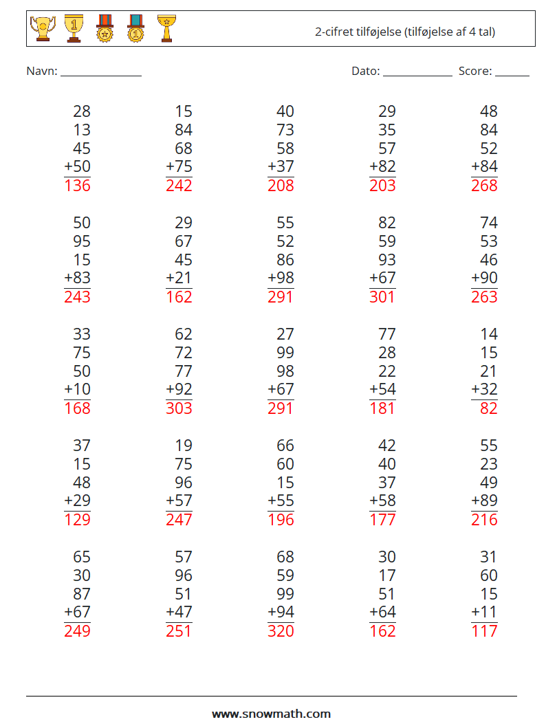 (25) 2-cifret tilføjelse (tilføjelse af 4 tal) Matematiske regneark 18 Spørgsmål, svar