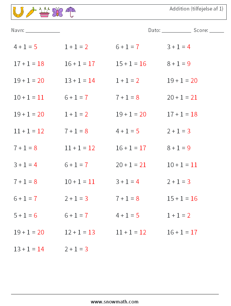 (50) Addition (tilføjelse af 1) Matematiske regneark 1 Spørgsmål, svar