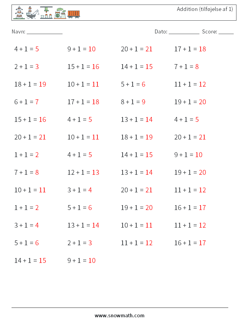 (50) Addition (tilføjelse af 1) Matematiske regneark 2 Spørgsmål, svar
