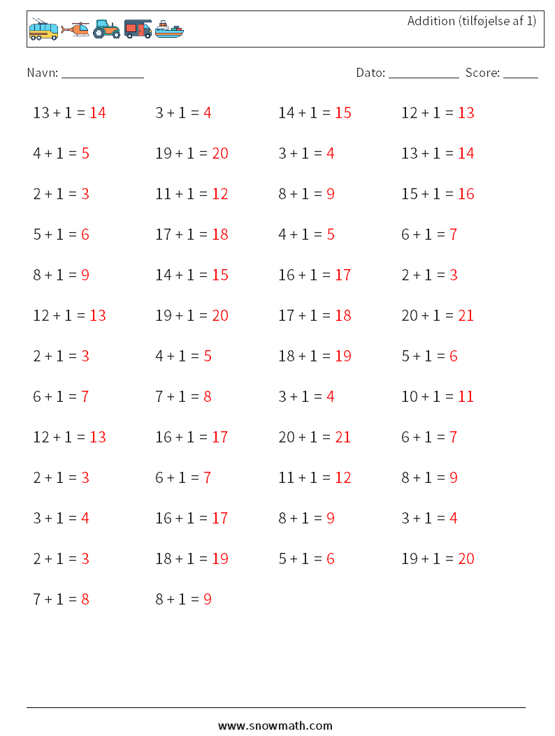 (50) Addition (tilføjelse af 1) Matematiske regneark 3 Spørgsmål, svar