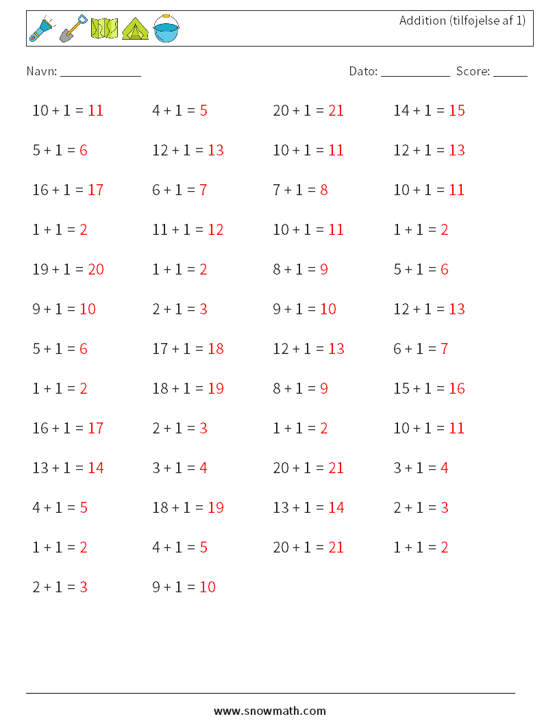 (50) Addition (tilføjelse af 1) Matematiske regneark 4 Spørgsmål, svar