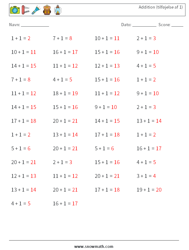 (50) Addition (tilføjelse af 1) Matematiske regneark 5 Spørgsmål, svar