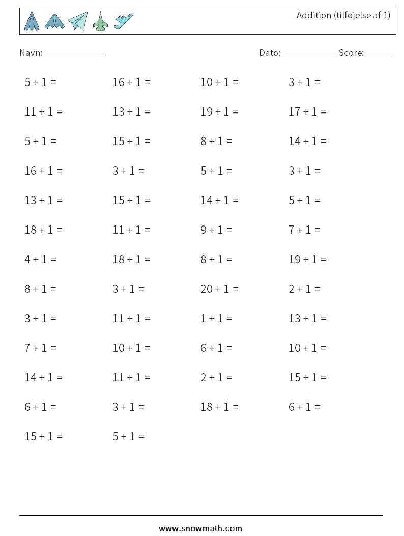 (50) Addition (tilføjelse af 1) Matematiske regneark 6