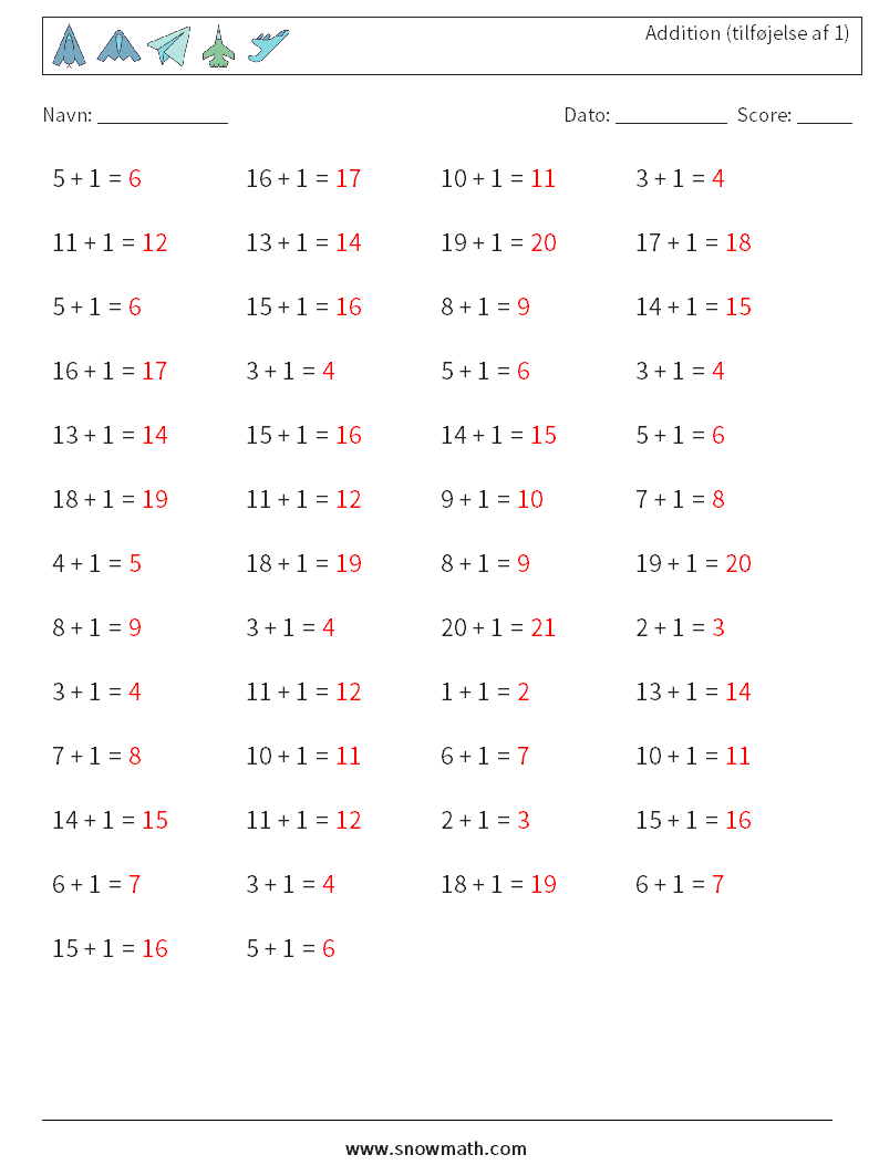 (50) Addition (tilføjelse af 1) Matematiske regneark 6 Spørgsmål, svar