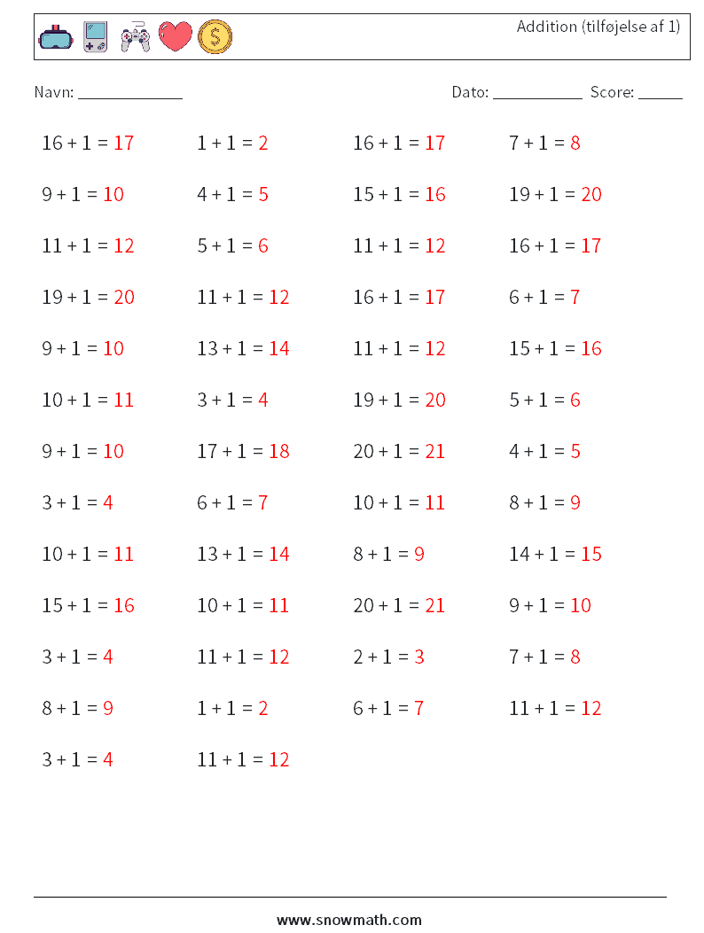 (50) Addition (tilføjelse af 1) Matematiske regneark 7 Spørgsmål, svar