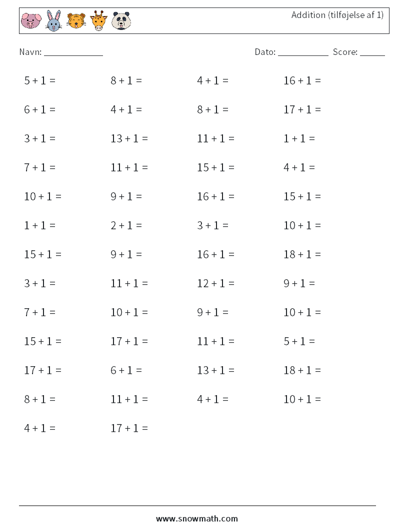 (50) Addition (tilføjelse af 1) Matematiske regneark 9