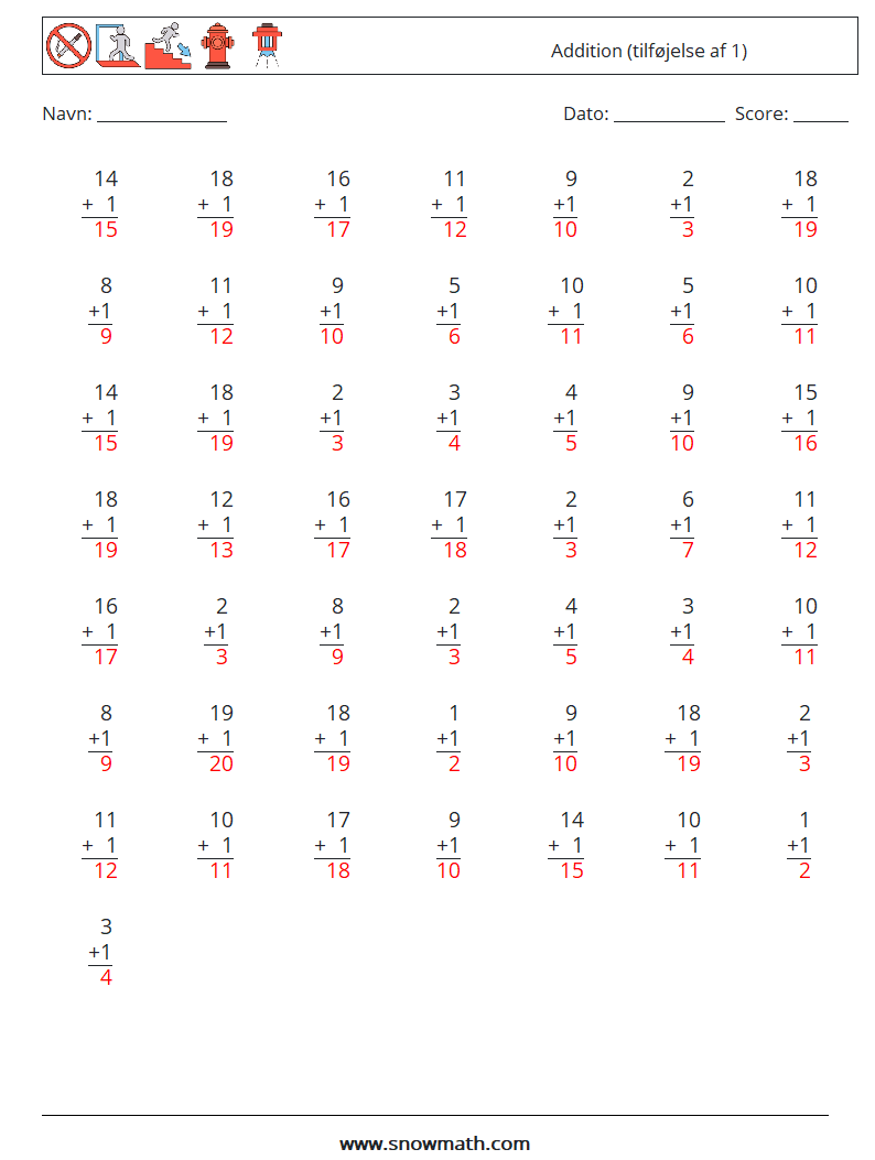 (50) Addition (tilføjelse af 1) Matematiske regneark 11 Spørgsmål, svar