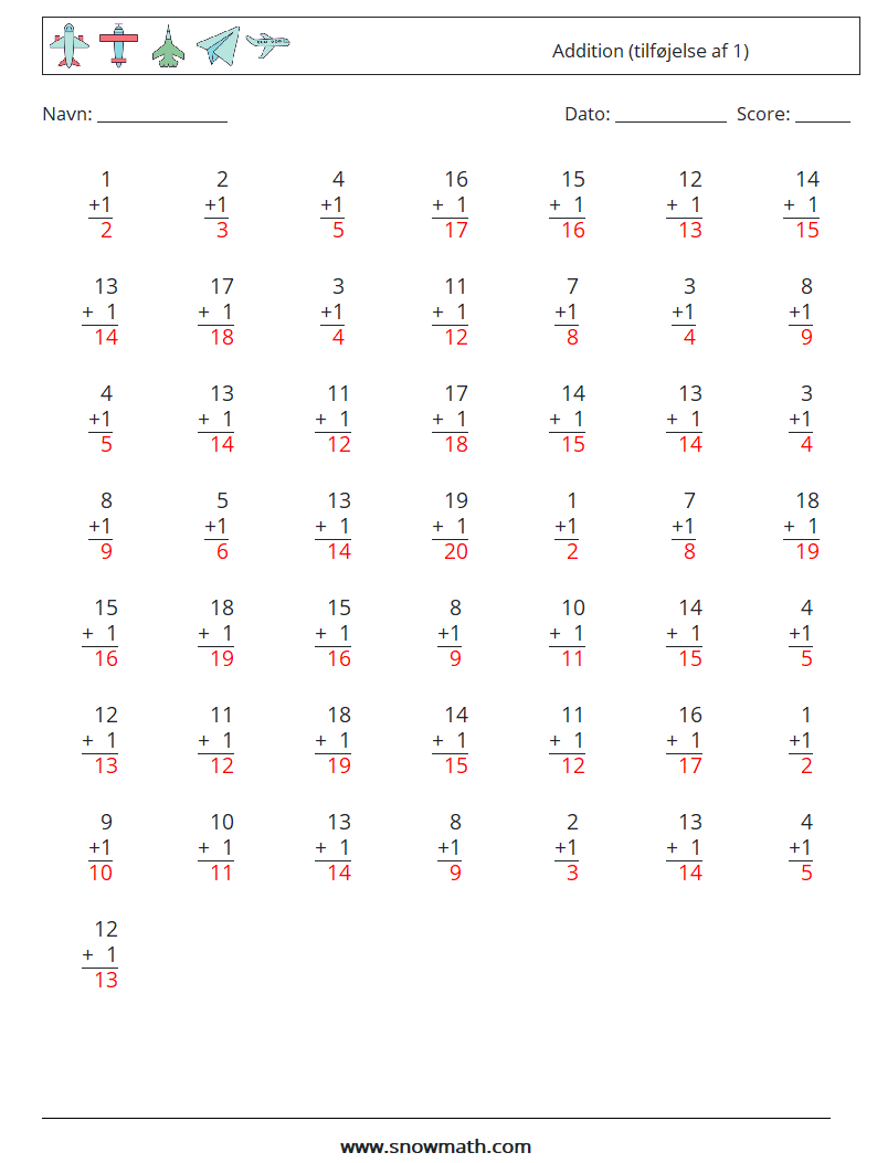 (50) Addition (tilføjelse af 1) Matematiske regneark 12 Spørgsmål, svar