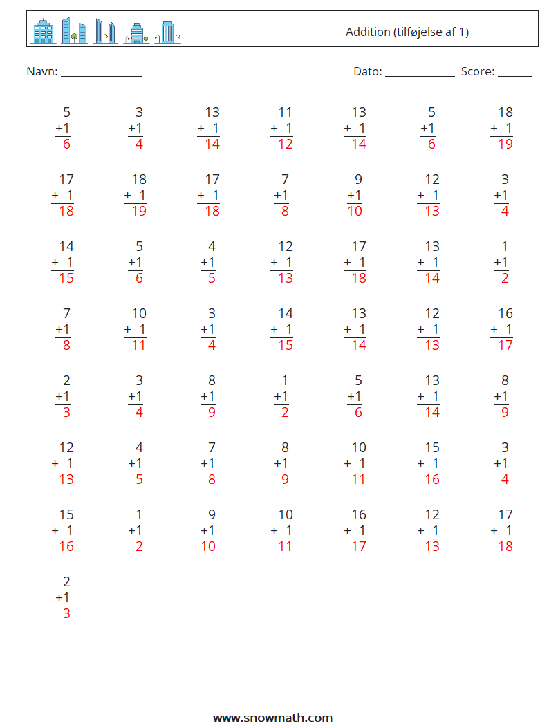 (50) Addition (tilføjelse af 1) Matematiske regneark 13 Spørgsmål, svar