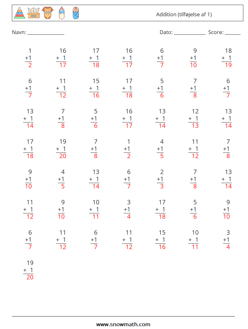 (50) Addition (tilføjelse af 1) Matematiske regneark 16 Spørgsmål, svar