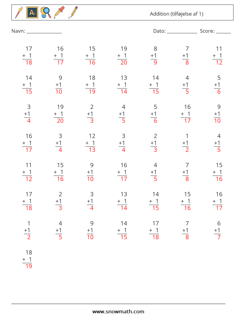 (50) Addition (tilføjelse af 1) Matematiske regneark 17 Spørgsmål, svar