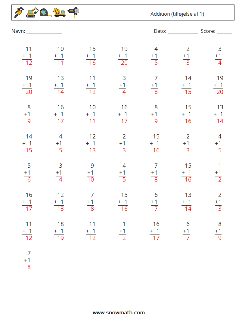 (50) Addition (tilføjelse af 1) Matematiske regneark 7 Spørgsmål, svar