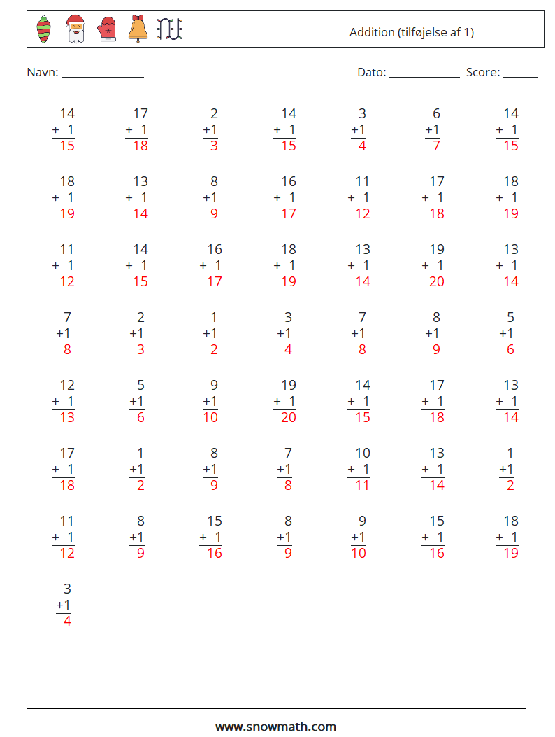 (50) Addition (tilføjelse af 1) Matematiske regneark 9 Spørgsmål, svar